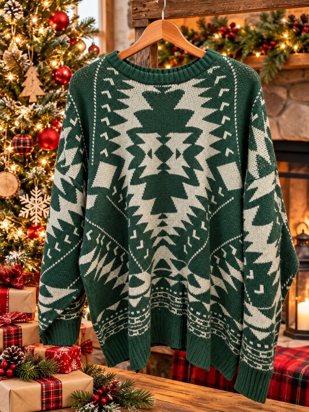 Wonderly 4X Green Cream Southwestern Geometric Oversized Sweater